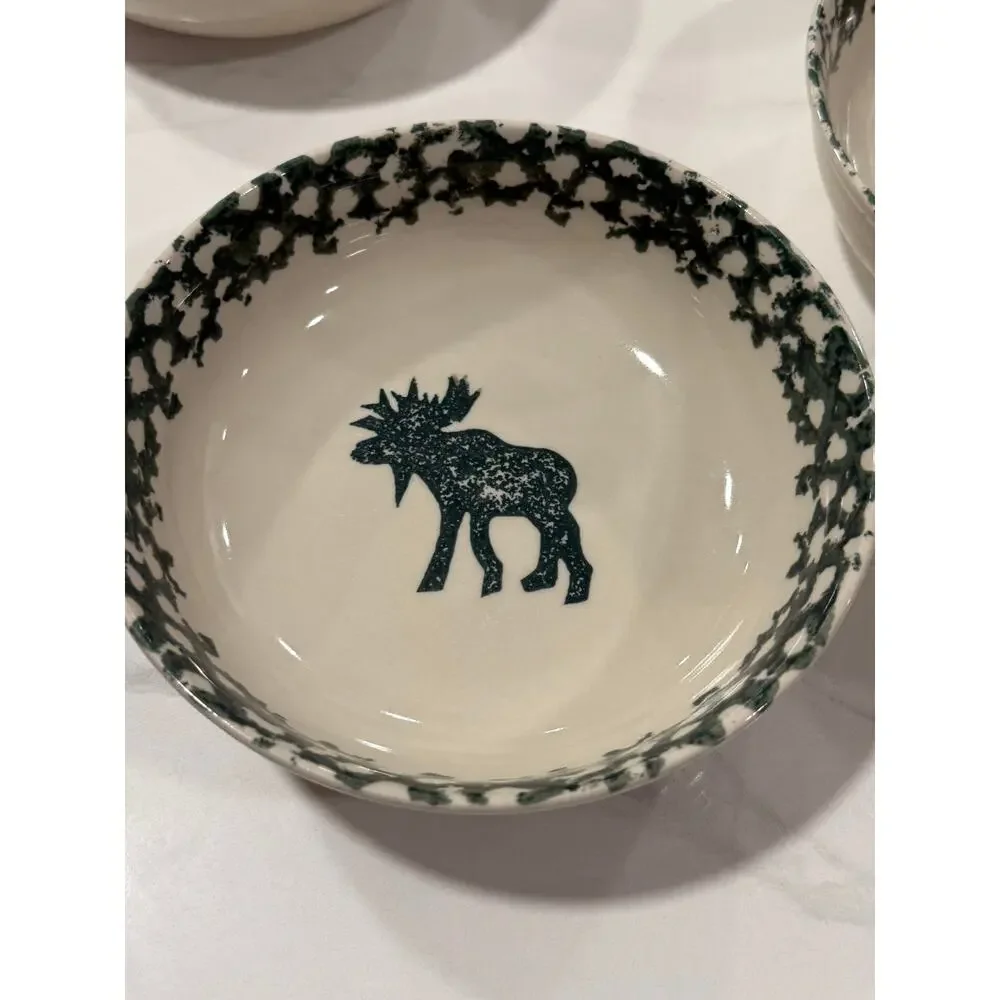 VINTAGE Tienshan Moose Country Cereal Soup Bowls Set 4 Folk Craft Spongeware 6.5